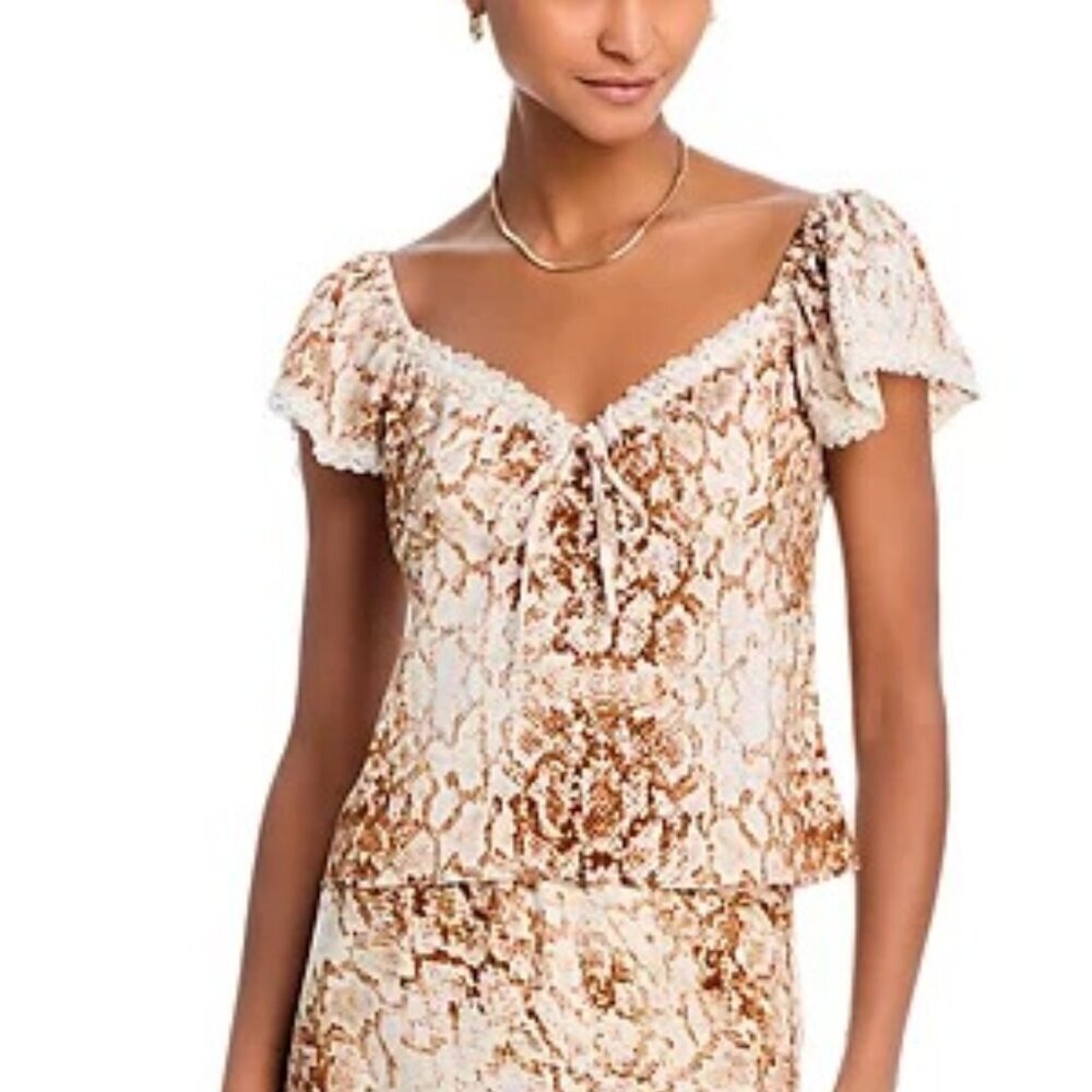 WAYF “Melissa” Lace-Trim Top | Sweetheart Tie • Flutter Sleeve • Lined | NWT M
